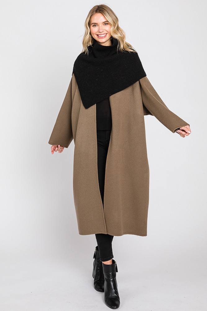 Women's Solid Knit Elegant Turtleneck Slit Shawl in Black
