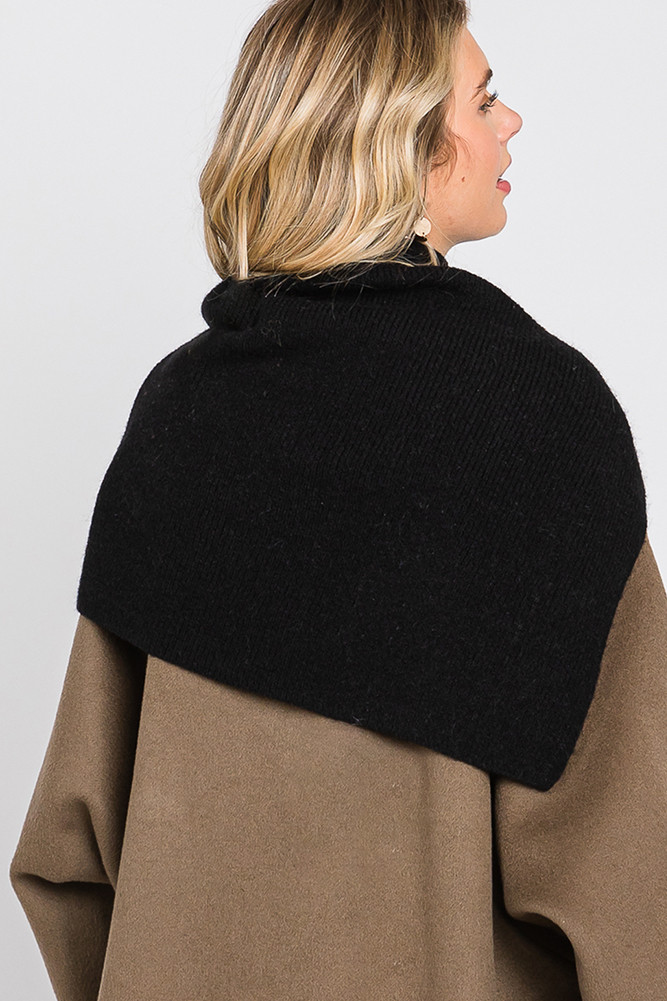Women's Solid Knit Elegant Turtleneck Slit Shawl in Black