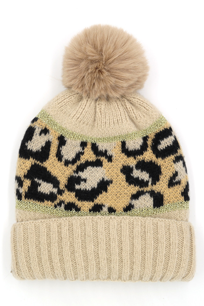Women's Leopard Pom Pom Beanie in Beige