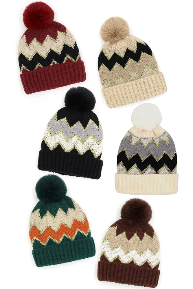 Women's Chevron Pom Pom Fuzzy Fleece Beanie by BURACQ
