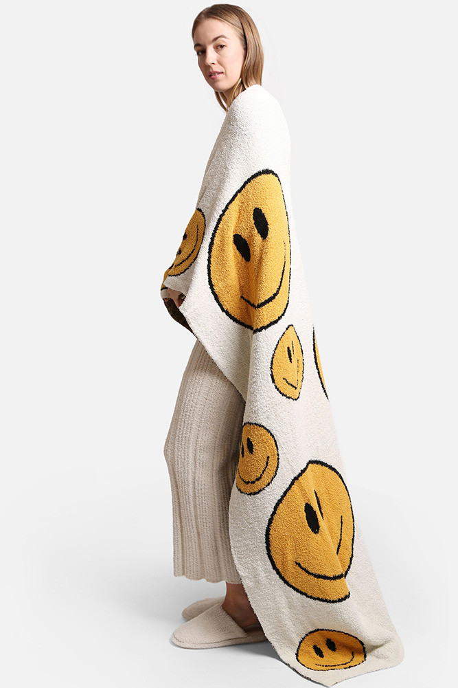 Happy Face Throw Blanket for Couch and Bed in White