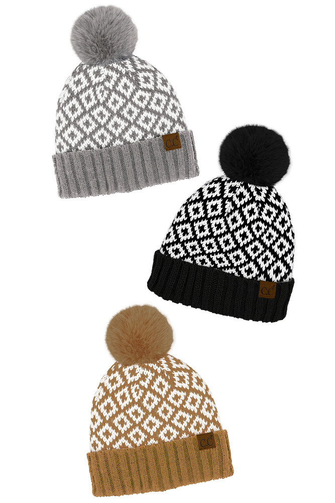 Women's Diamond Pattern Fur Pom Beanie by BURACQ