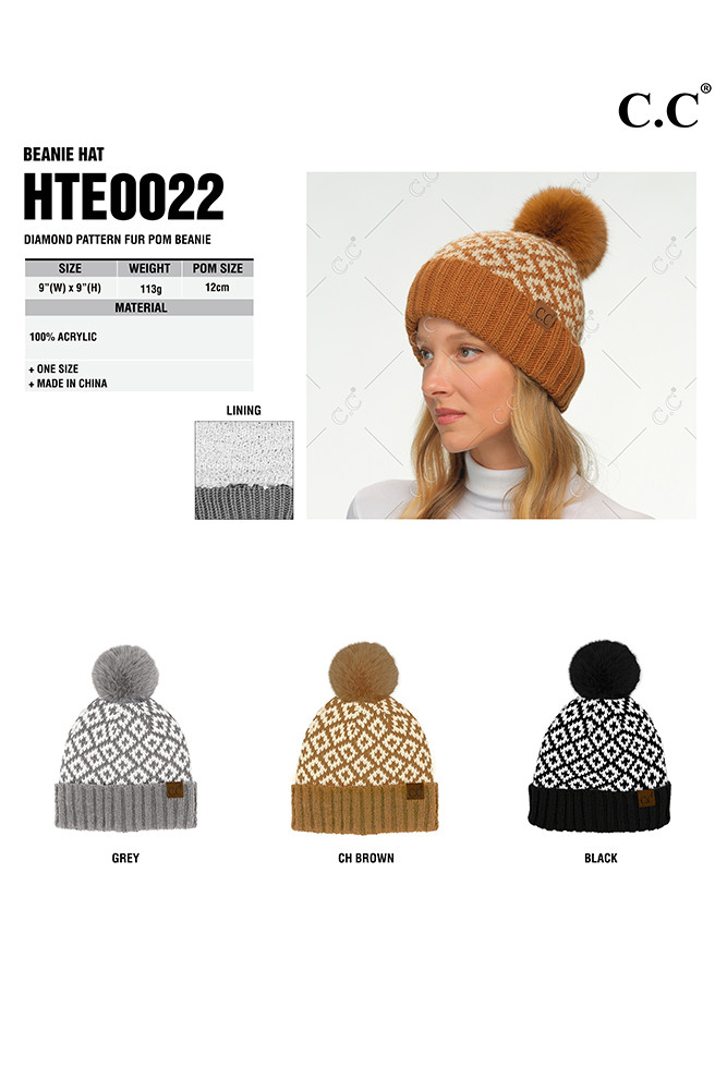Women's Diamond Pattern Fur Pom Beanie — beanie photo 2