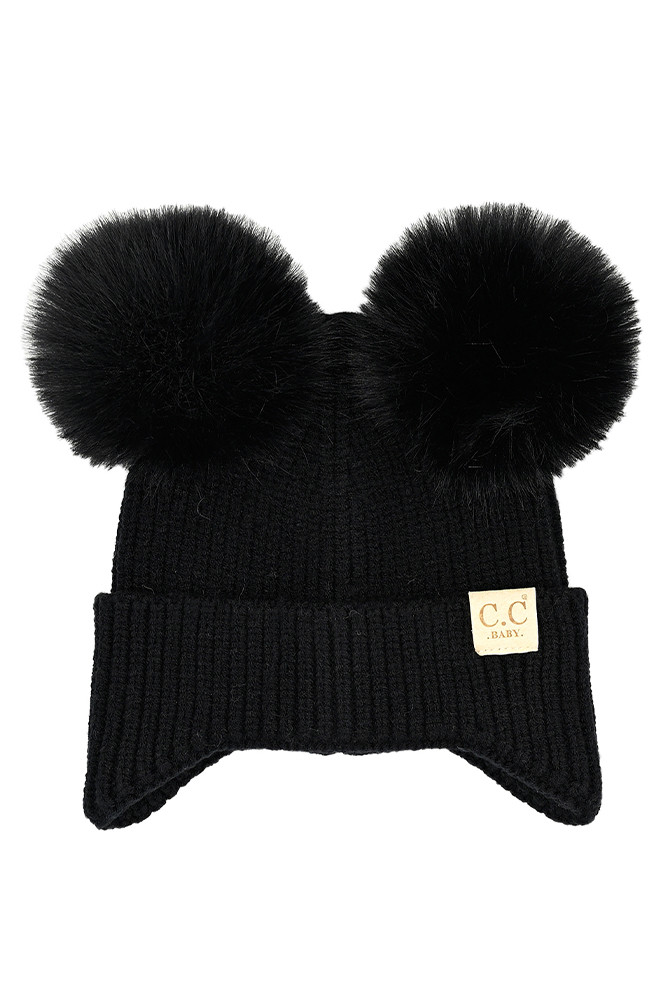 Baby Ear Flap Pom Pom Beanie in Black