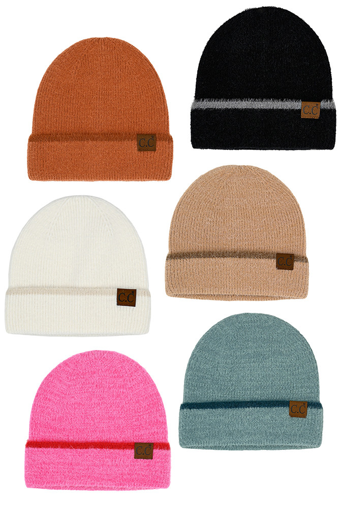 Women's Feather Yarn Cuff Beanie with Stripe by BURACQ