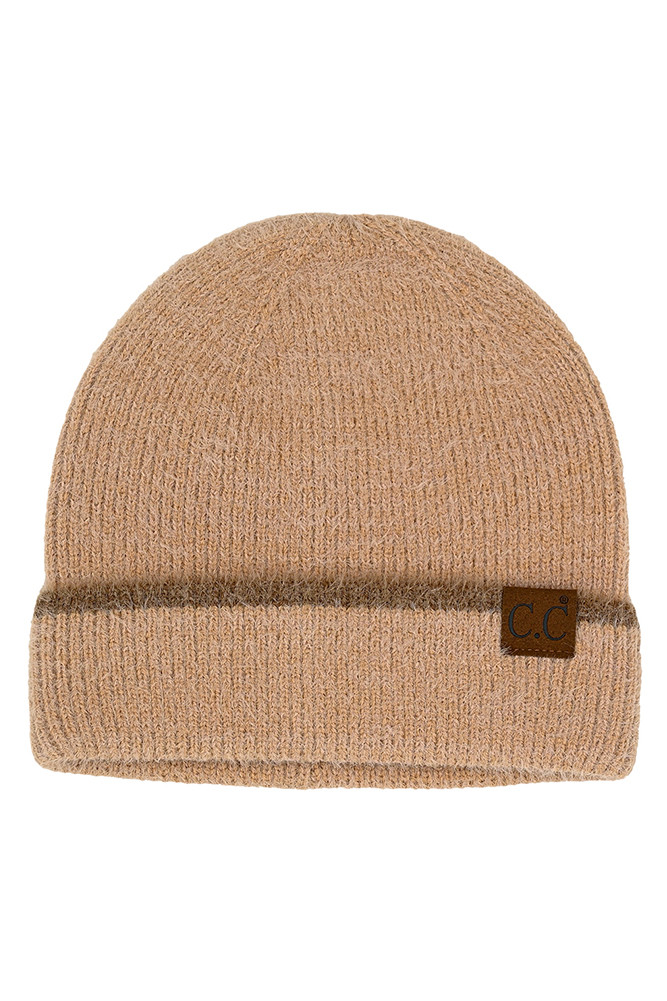 Women's Feather Yarn Cuff Beanie with Stripe in Beige