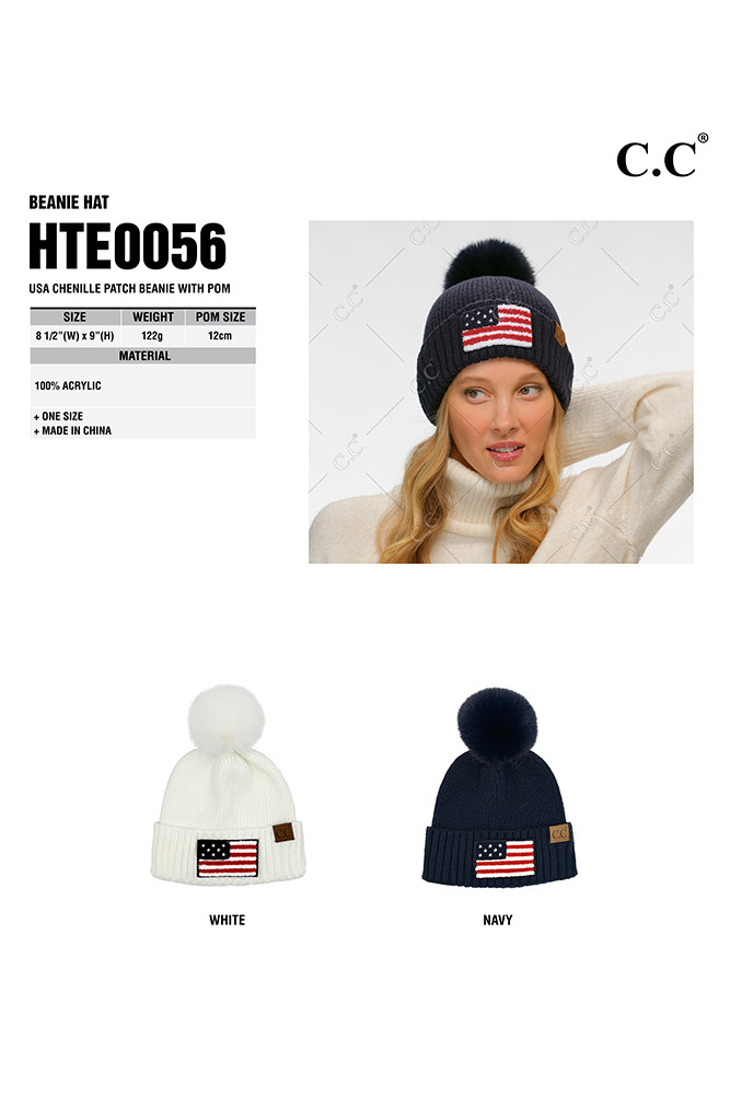 Women's USA American Flag Chenille Patch Pom Beanie — beanie photo 2