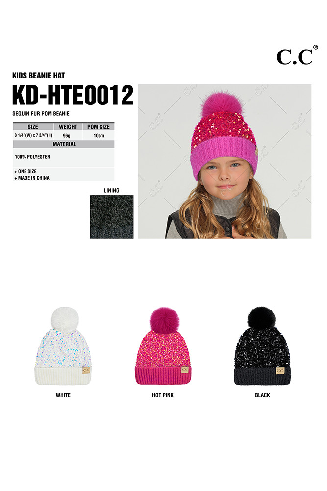 Kids Sequin Fur Pom Beanie — beanie photo 2