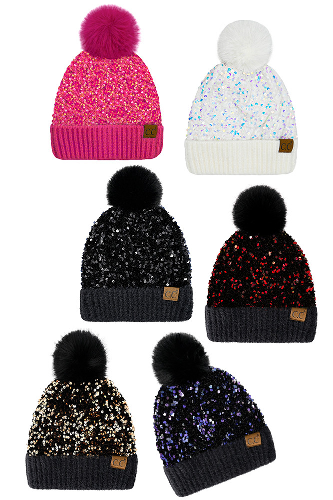 Women's Sequin Fur Pom Beanie by BURACQ