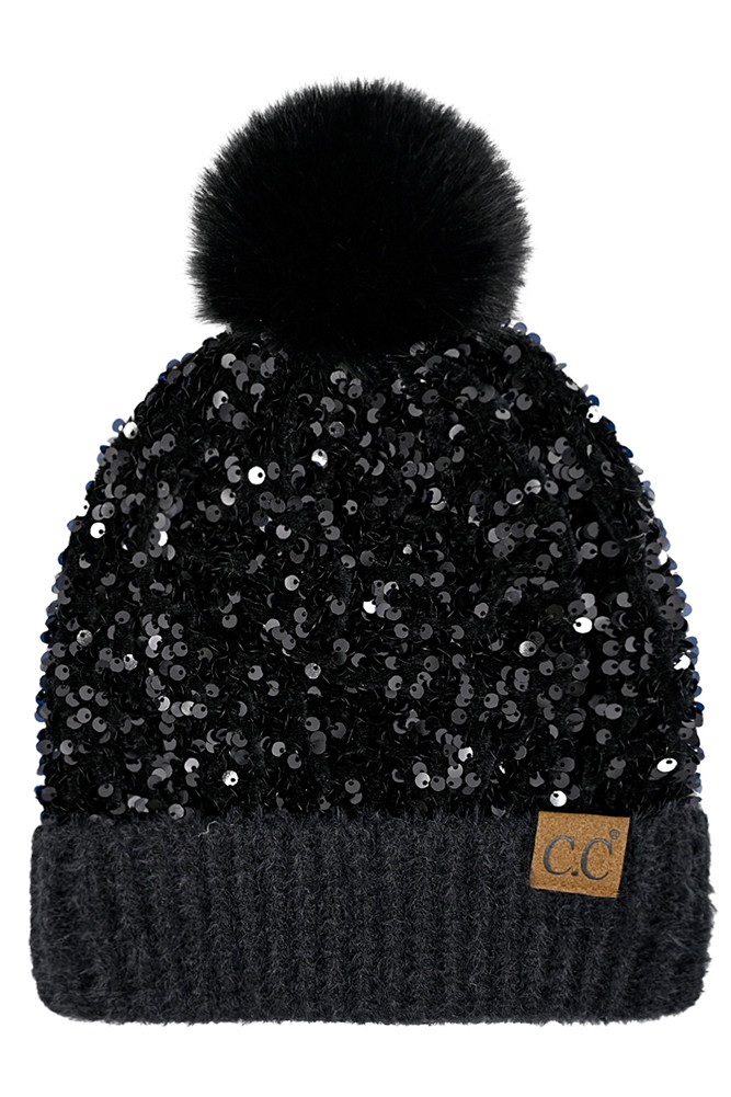 Women's Sequin Fur Pom Beanie in Black
