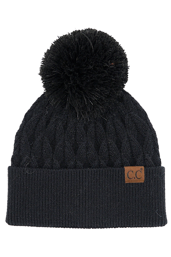 Women's Lurex Cable Pom Beanie in Black