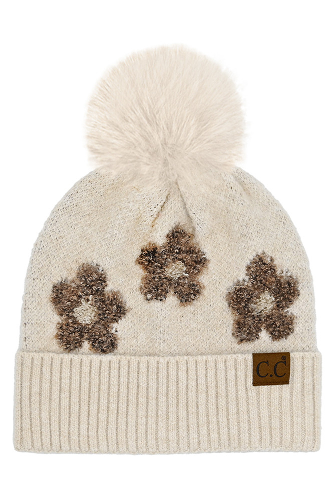 Women's Daisy Pattern Beanie with Pom in Beige