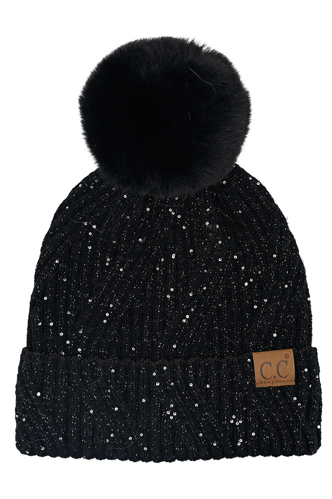Women's Sequin with Pom Beanie Hat in Black