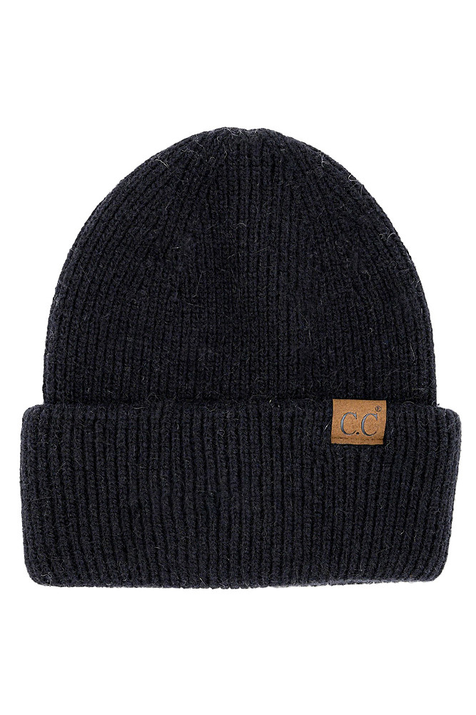 Women's Double Cuff Beanie Hat in Black