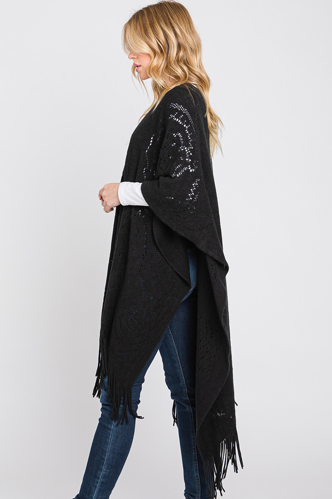 Women's Paisley Pattern Fringe Poncho in Black