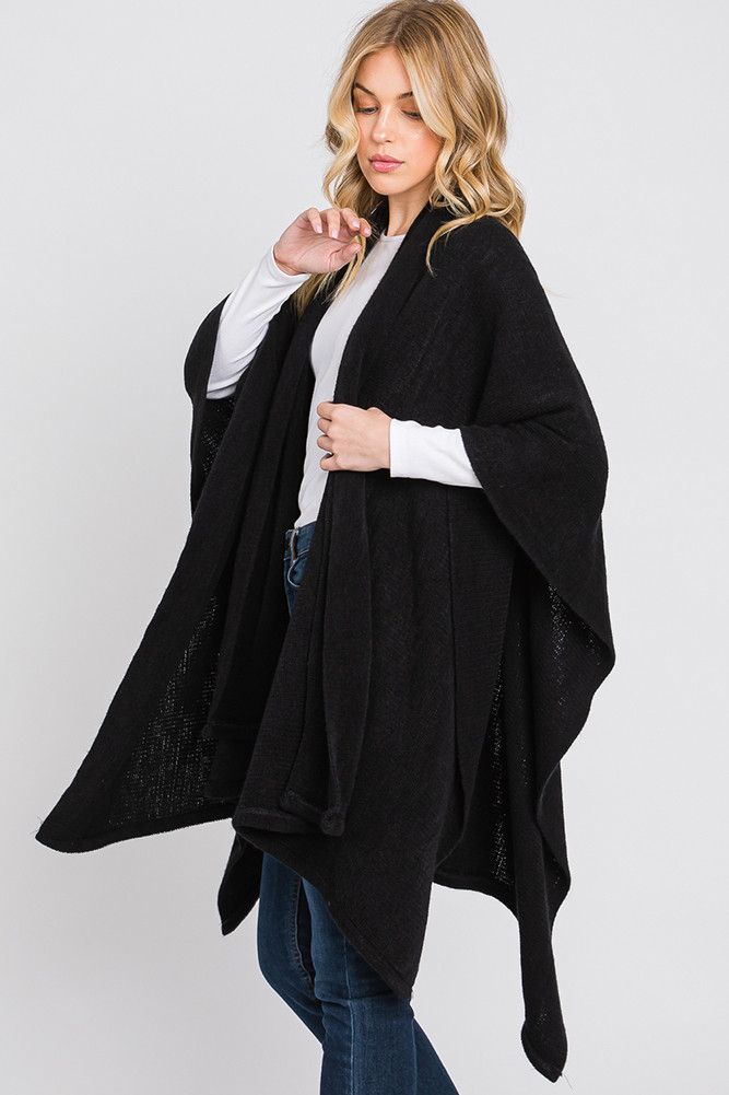 Women's Cape with Attached Scarf with Neckline Tie in Black