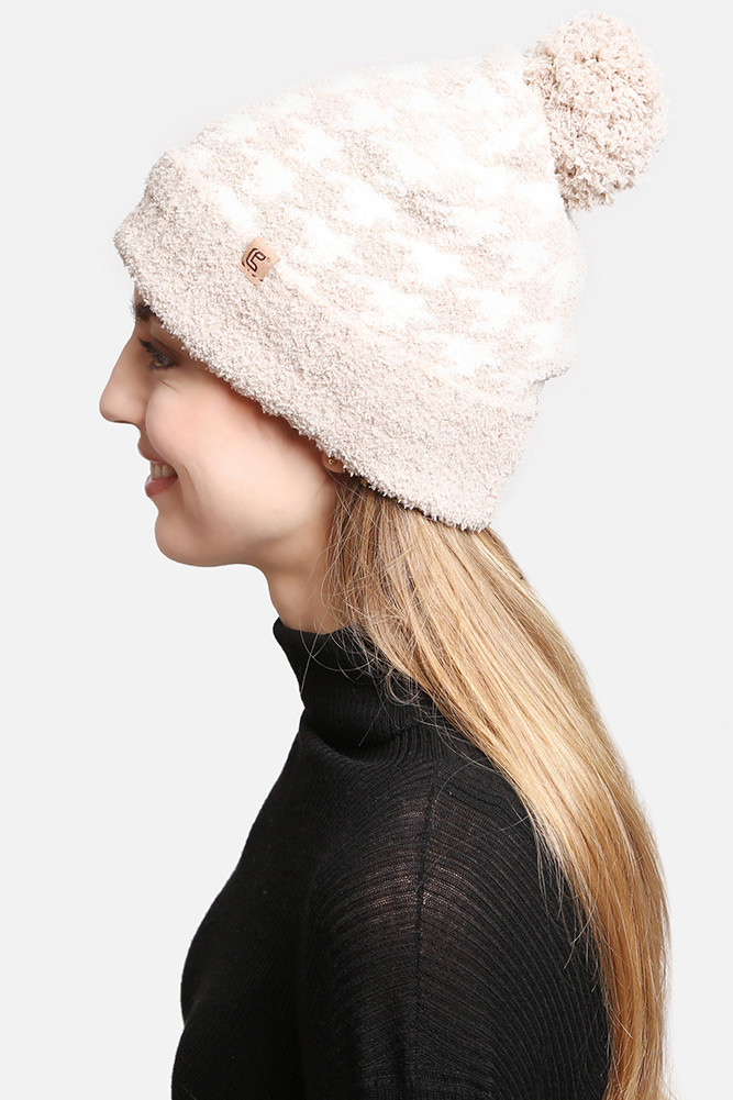 Women's Houndstooth Pom Pom Beanie with Lining in Beige