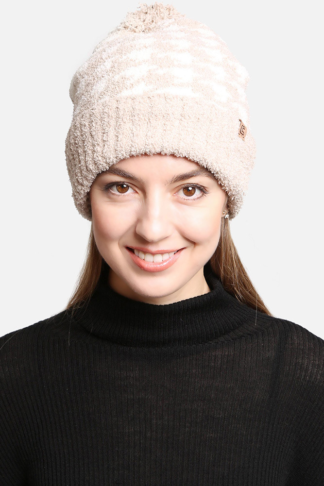Women's Houndstooth Pom Pom Beanie with Lining in Beige