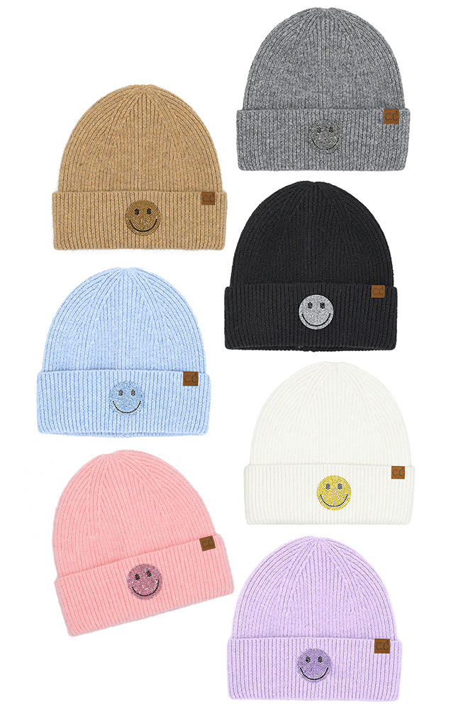 Women's Smile Face Rhinestone Beanie by BURACQ