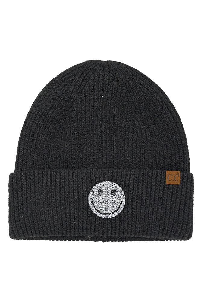 Women's Smile Face Rhinestone Beanie in Black