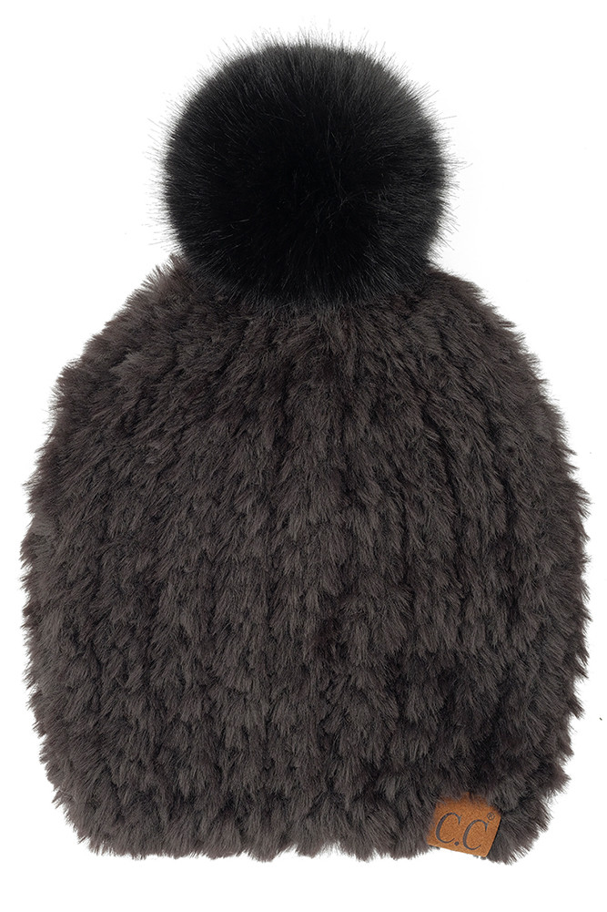 Women's Faux Fur Pom Beanie in Black