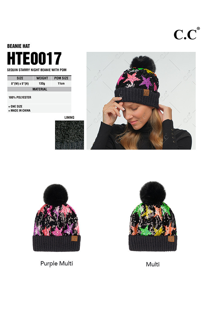Women's Sequin Starry Night Pom Beanie — beanie photo 2