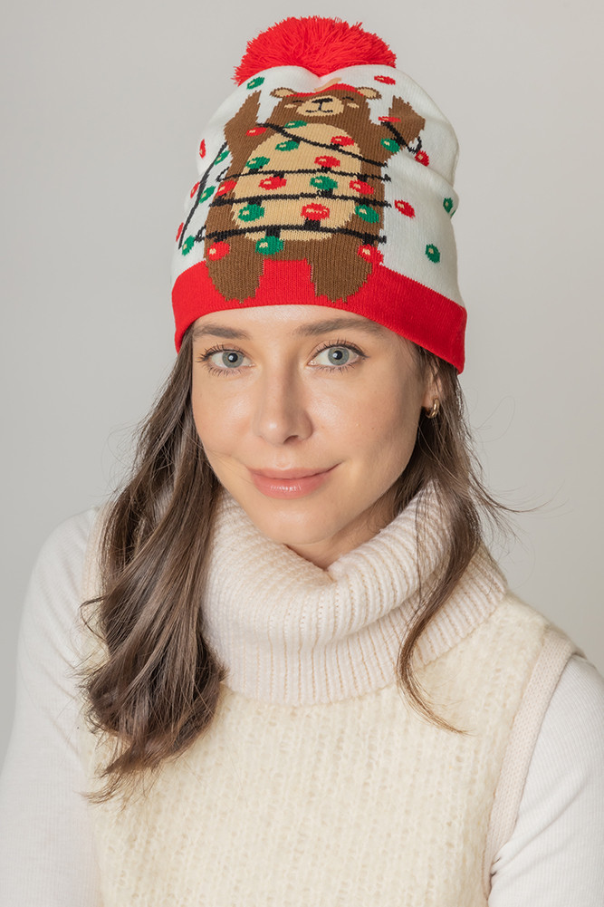 Women's Bear Christmas Holiday Beanie with Pom by BURACQ