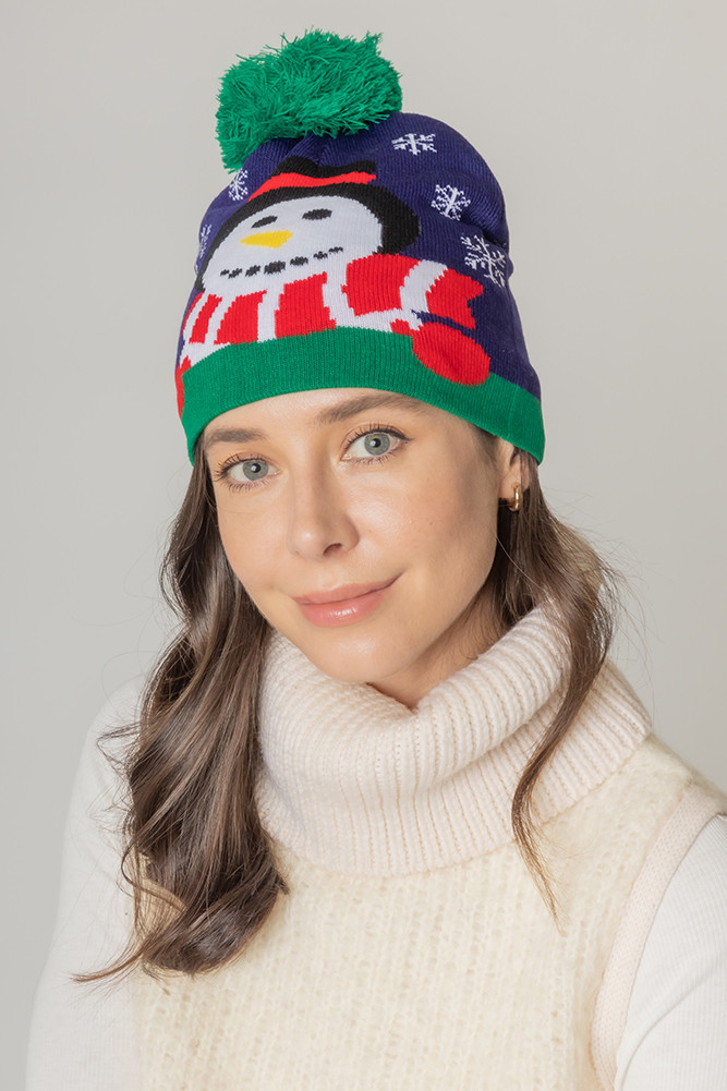 Women's Snowman Christmas Holiday Beanie with Pom in Navy by BURACQ
