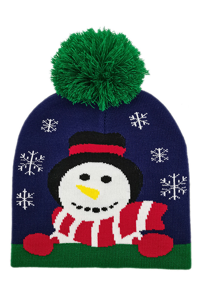 Women's Snowman Christmas Holiday Beanie with Pom in Navy