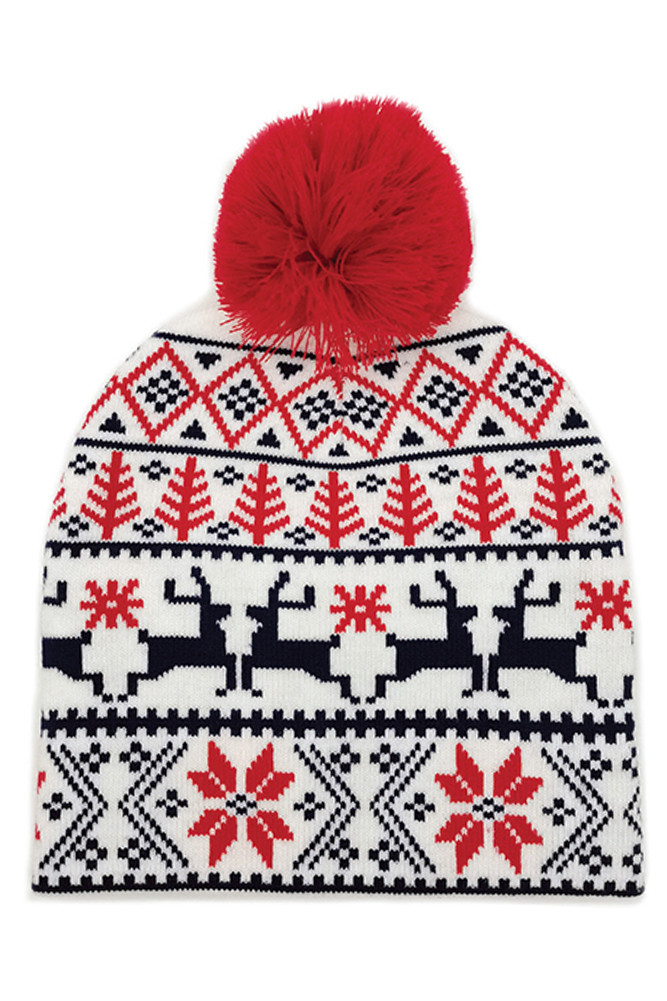 Women's Reindeer Christmas Holiday Beanie with Pom in White