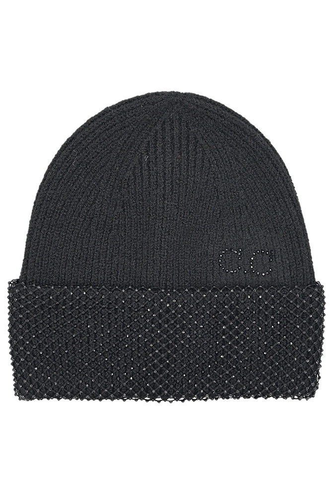 Women's Rhinestone Net Beanie in Black