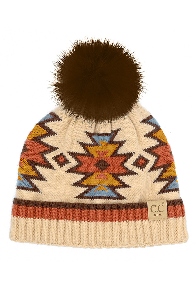 Kids Southwest Pattern Faux Fur Pom Beanie in Beige