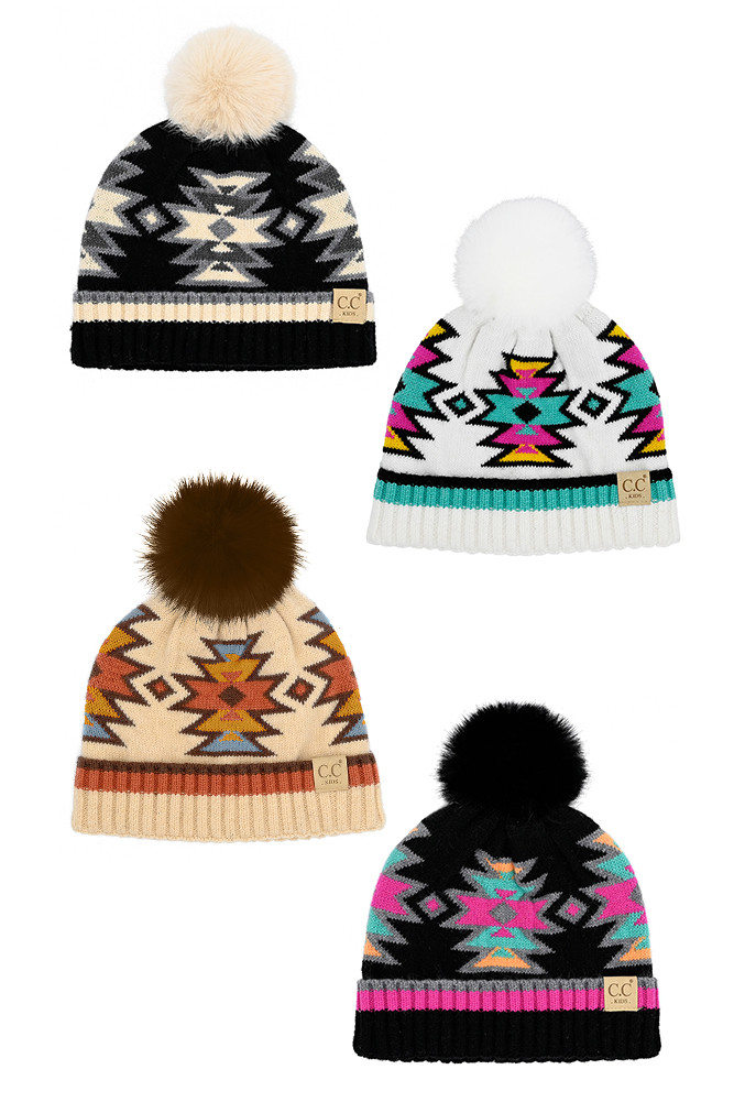 Kids Southwest Pattern Faux Fur Pom Beanie by BURACQ