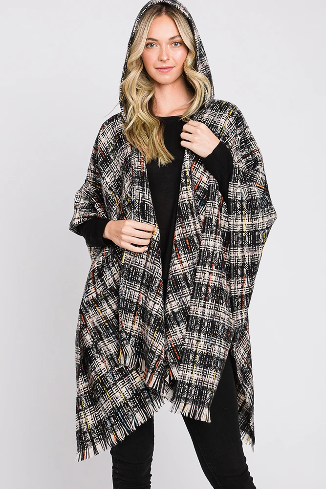 Women's Knit Plaid Hoodie Open Fringe Ruana by BURACQ