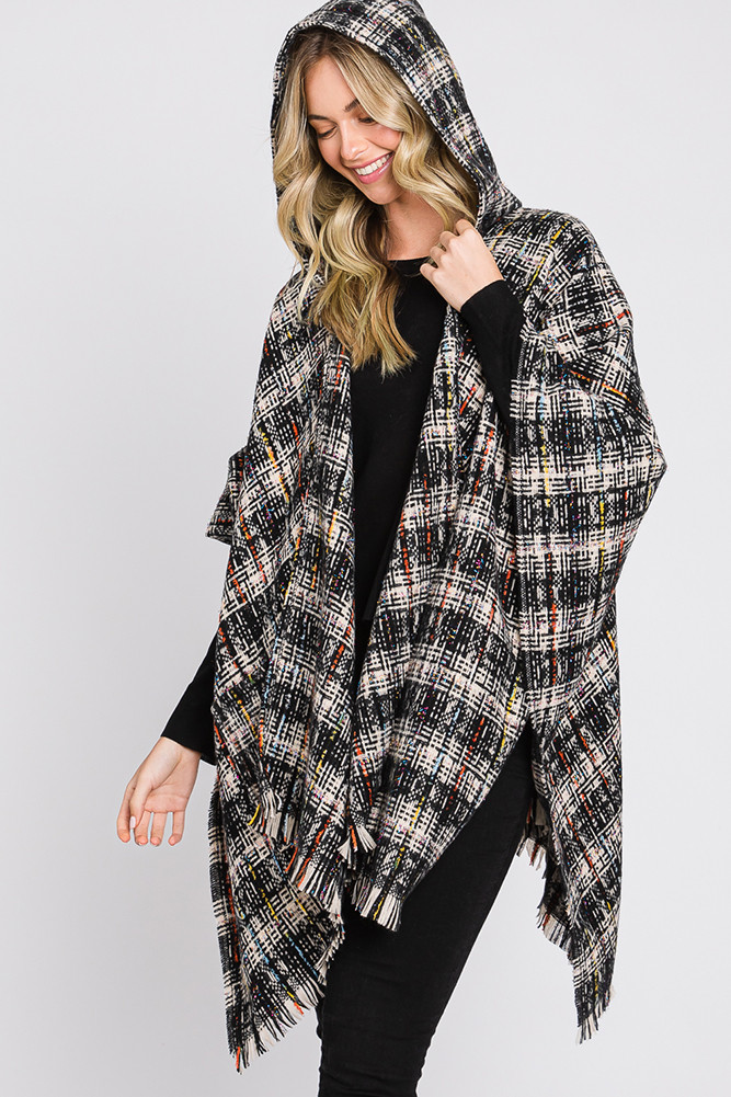 Women's Knit Plaid Hoodie Open Fringe Ruana in Black