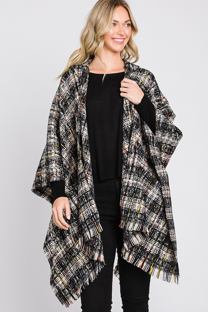 Women's Knit Plaid Hoodie Open Fringe Ruana in Black