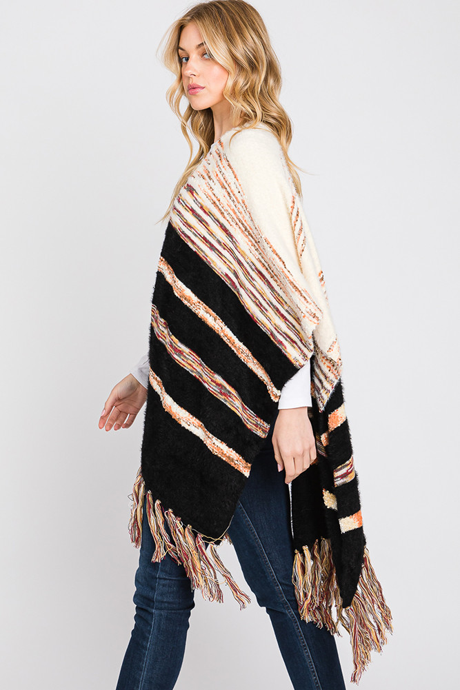 Women's Stripe Pattern Ruana in Black