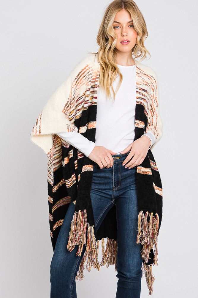 Women's Stripe Pattern Ruana in Black