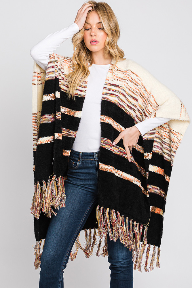Women's Stripe Pattern Ruana in Black