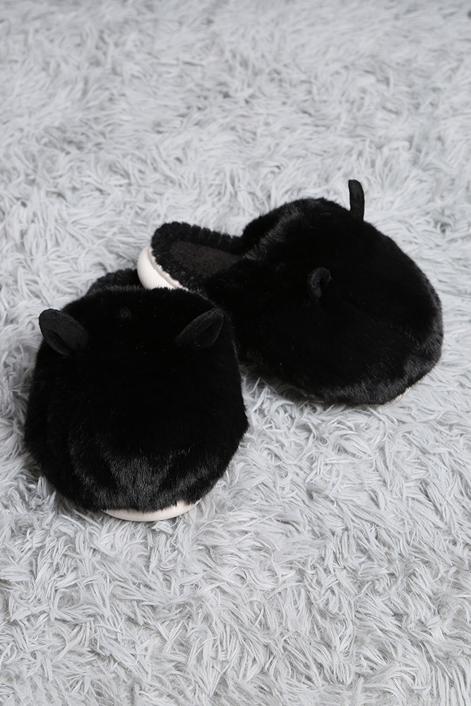 Women's Fuzzy Solid with Ears Slipper in Black