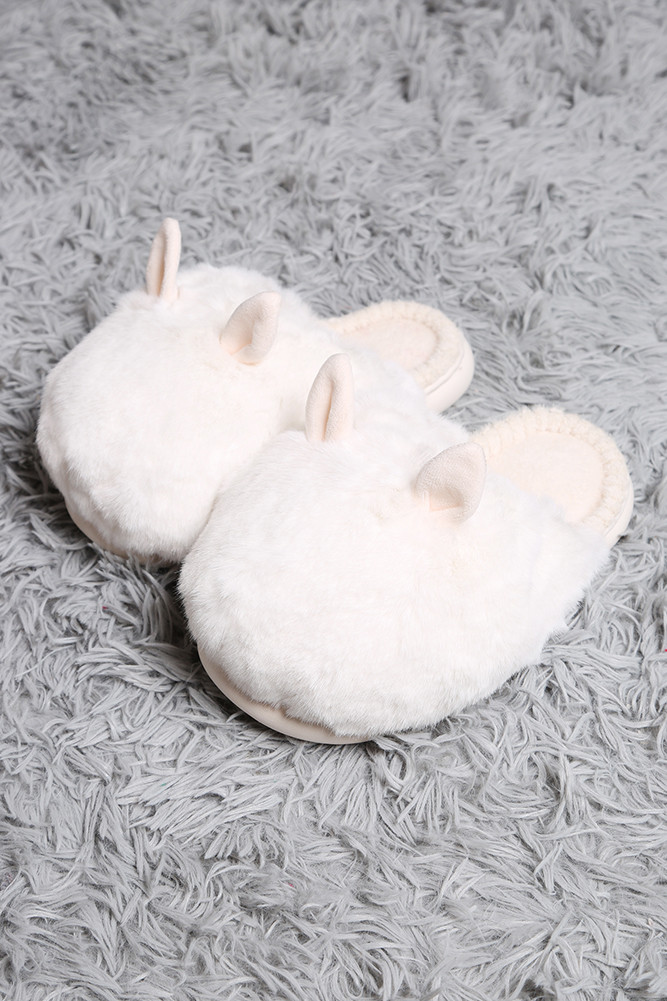 Women's Fuzzy Solid with Ears Slipper in Ivory