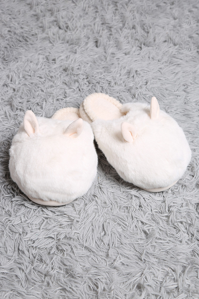 Women's Fuzzy Solid with Ears Slipper in Ivory