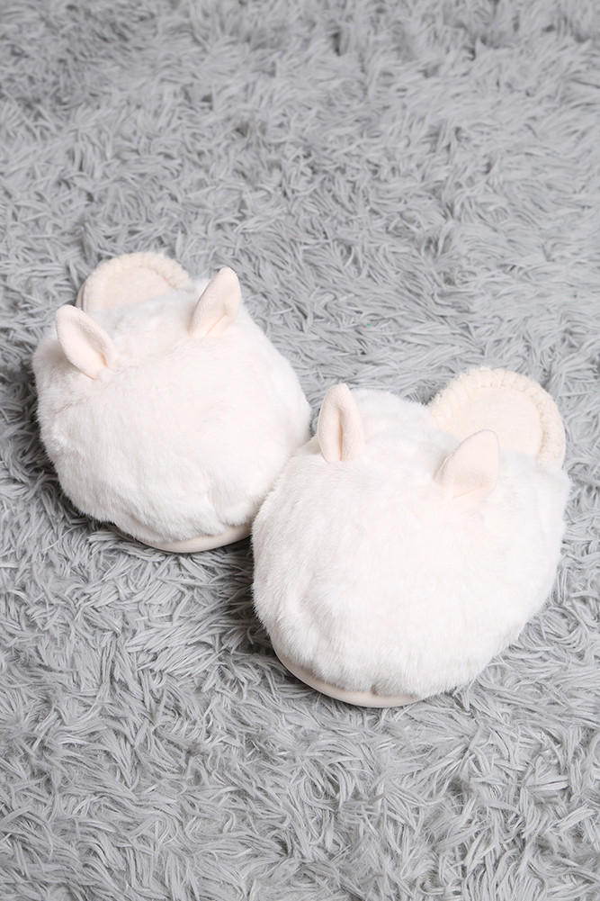 Women's Fuzzy Solid with Ears Slipper in Ivory