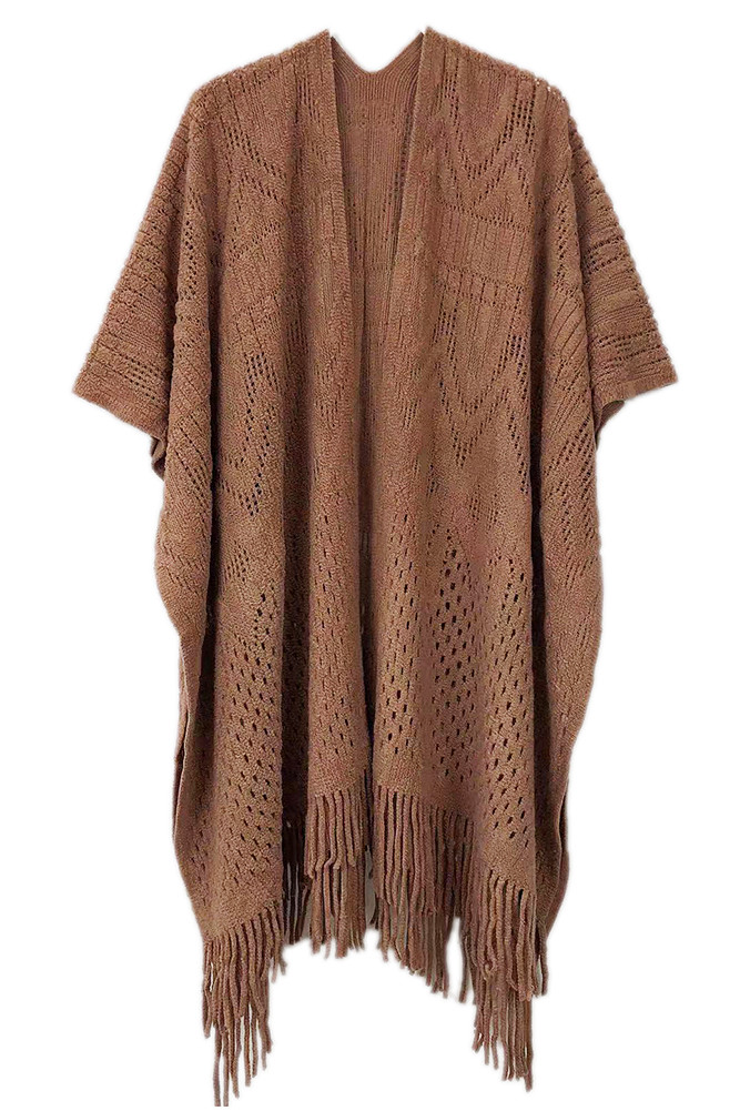 Women's Geometric Crochet Ruana in Taupe