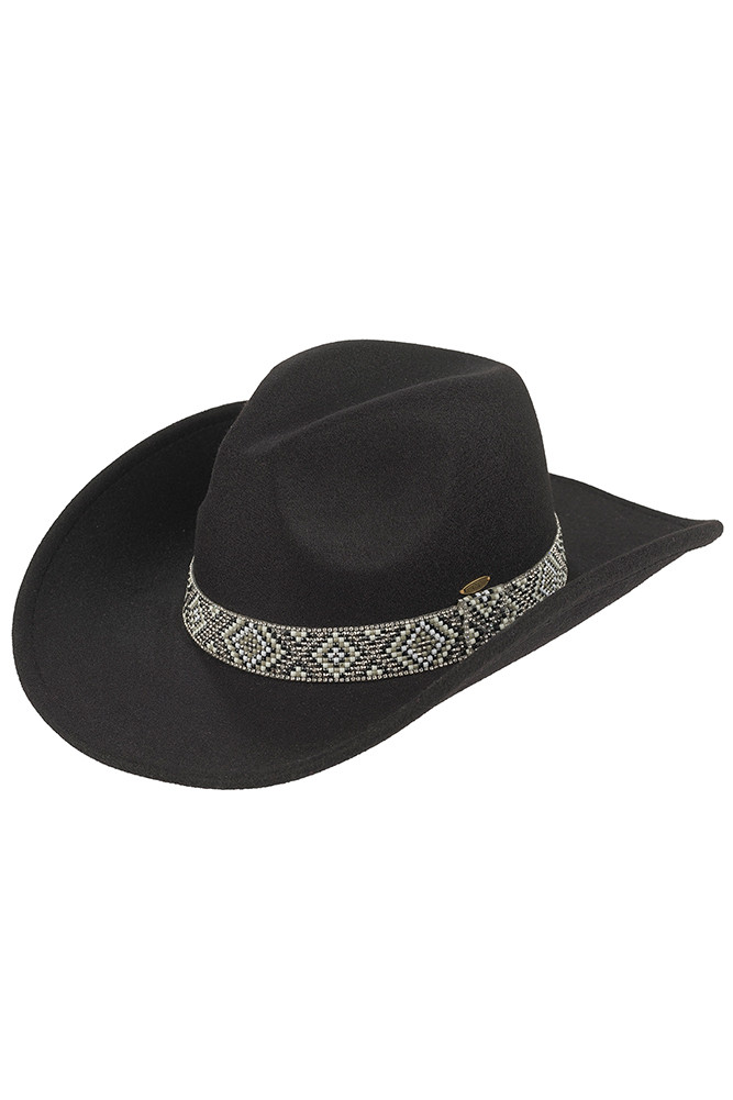 Women's Aztec Beads Trim Vegan Cowboy Hat in Black