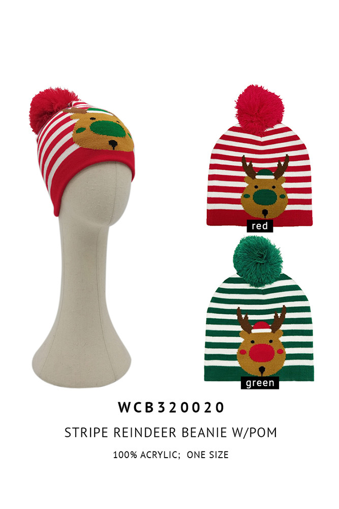 Women's Stripe Reindeer Christmas Holiday Pom Beanie — beanie photo 2