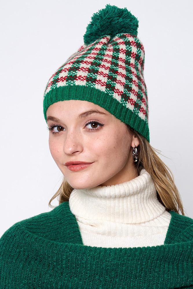 Women's Checkered Christmas Holiday Theme Pom Beanie in Green