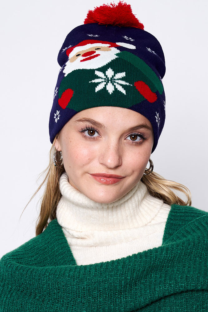 Women's Snowy Day Santa Christmas Holiday Pom Beanie in Navy by BURACQ