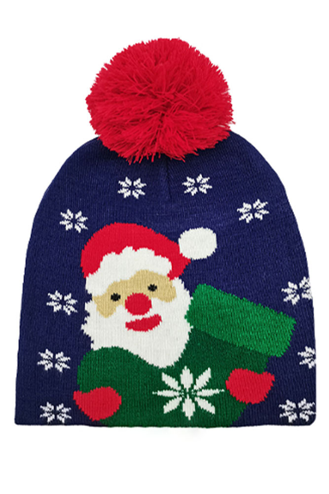 Women's Snowy Day Santa Christmas Holiday Pom Beanie in Navy