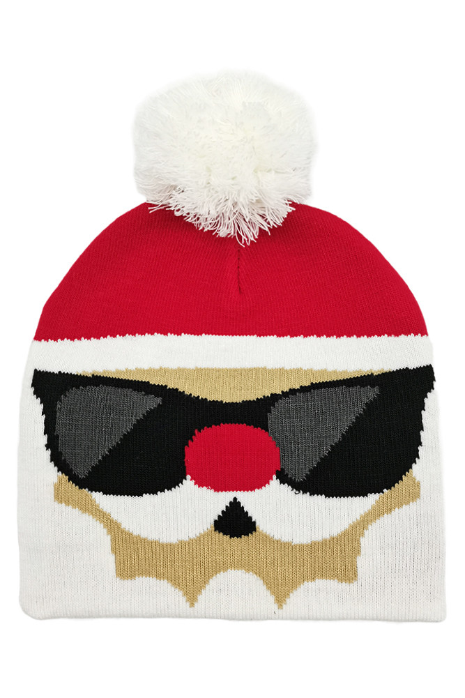 Women's Santa with Sunglasses Christmas Holiday Pom Beanie in Red